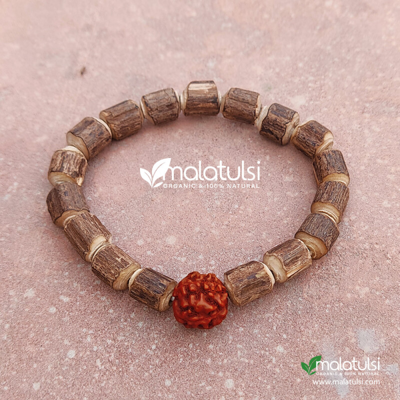 Raw Tulsi Beads Hand Bracelet with Rudraksha From Vrindavan