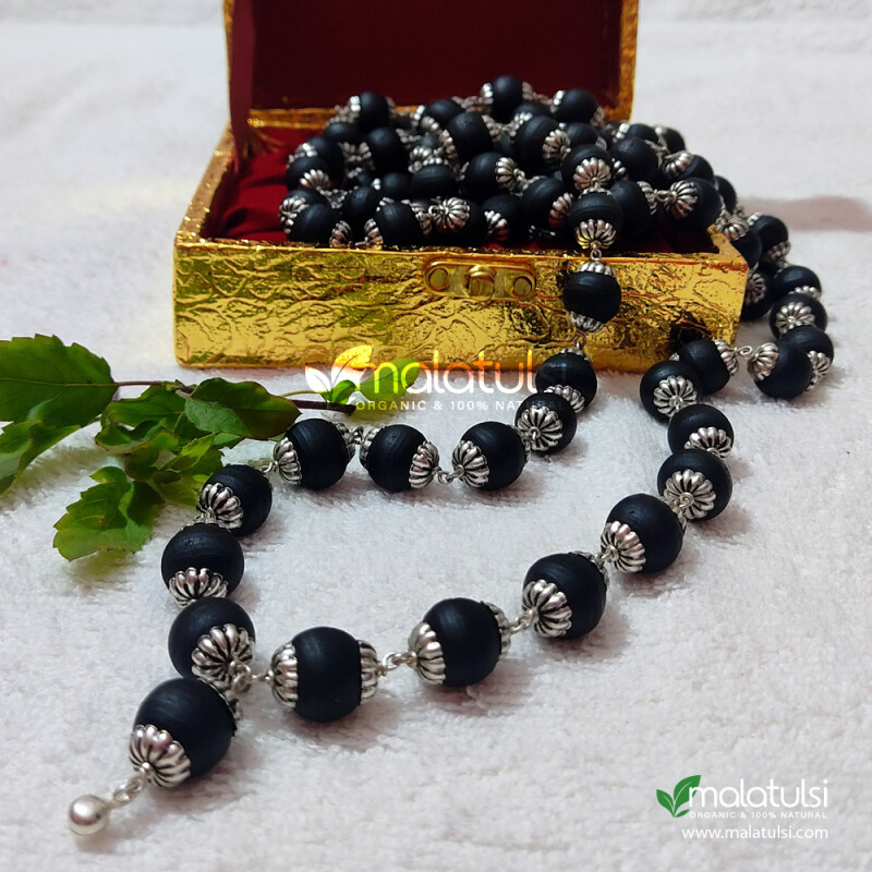 108+1 Black Beads with Silver Caps Original Tulsi Japa Mala